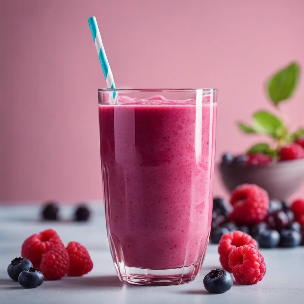 A raspberry blueberry smoothie with extra Greek yogurt on a pink background and berries scattered round it.