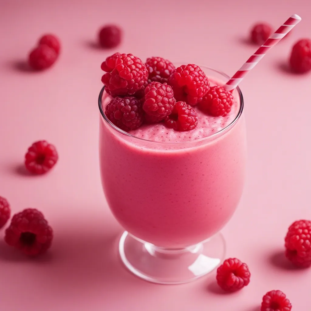 A glass of vibrant raspberry smoothie topped with a handful of raspberries on a pink backdrop.