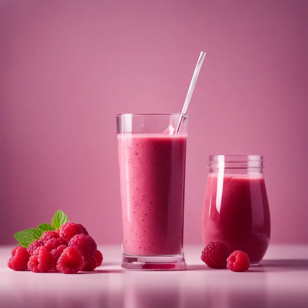 A tall glass and a jug of raspberry smoothie with raspberries scattered around the scene.