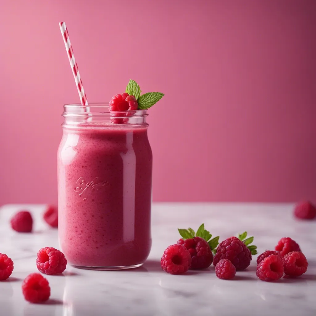 A jar-like glass of raspberry smoothie topped with a single raspberries and more fresh raspberries scattered around the glass.