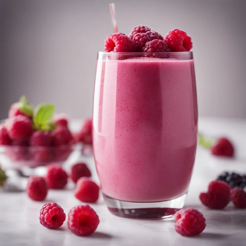 A beautiful glass of raspberry smoothie on a kitchen counter topped with a handful of raspberries and fresh raspberries scattered around the counter.