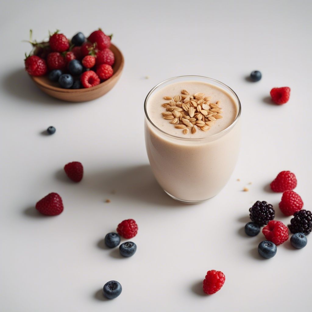 A Raw Oat Smoothie topped with oat flakes in a clear glass, surrounded by a scattered assortment of fresh berries on a white surface.
