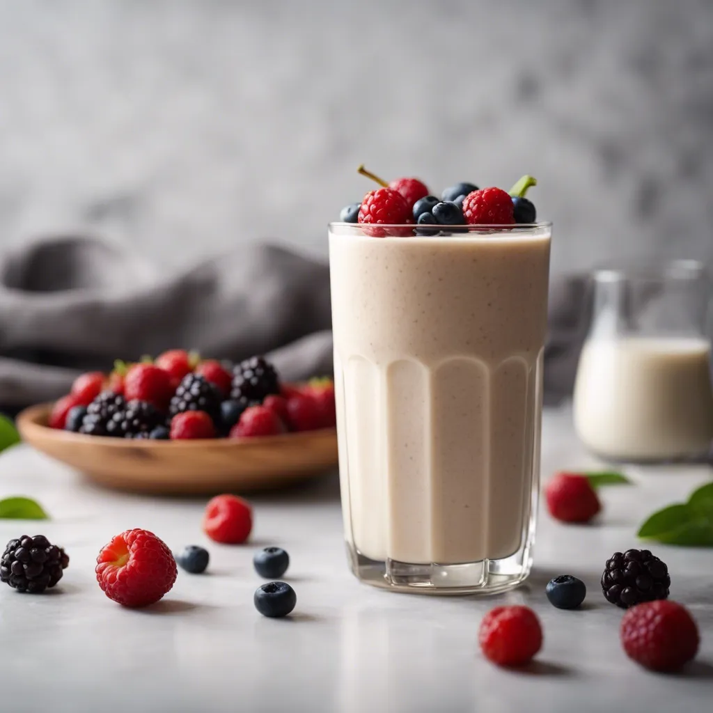 A tall glass of smoothie garnished with an assortment of berries on top, next to a wooden bowl filled with berries, placed on a marble surface with a dark cloth in the background.