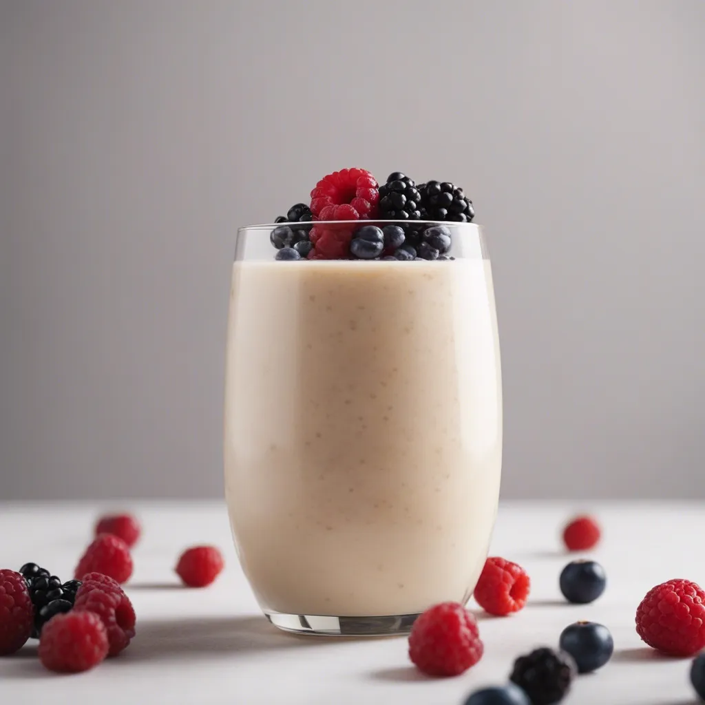 A smoothie with a berry topping in a stemless wine glass, situated on a white surface with loose berries scattered around it.