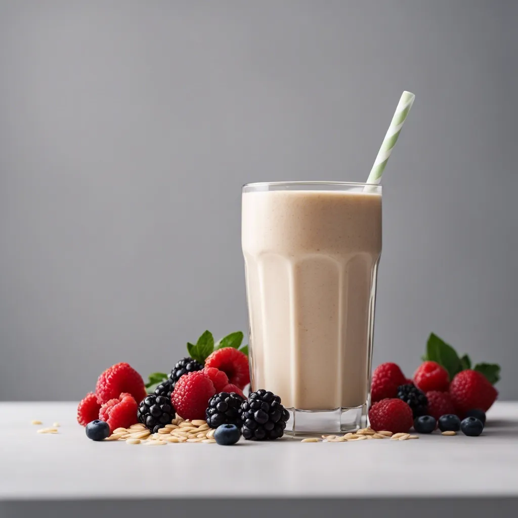 A glass of smoothie with a straw, accompanied by oats and fresh berries on a white surface, with a hint of greenery in the backdrop.