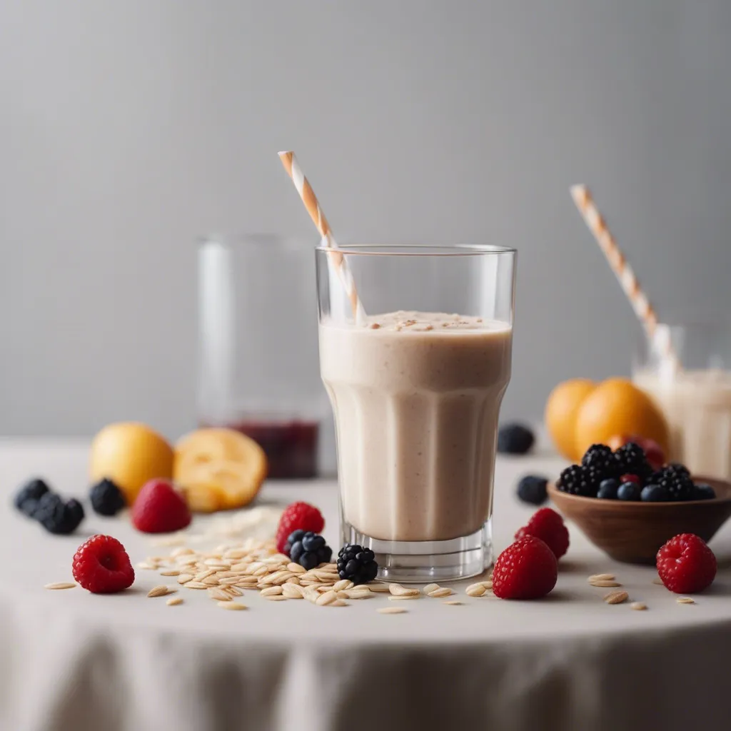 A smoothie with a straw, flanked by oats and various berries on a cloth-covered surface, with additional glasses and fruit in the soft-focused background.