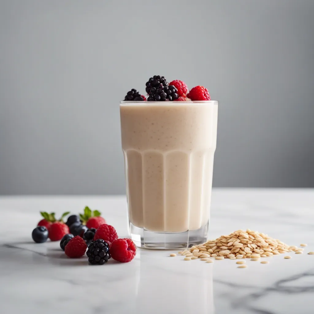 A smoothie in a ribbed glass with a mound of berries on top, oats spilled beside it, on a white marble counter with more berries scattered around.