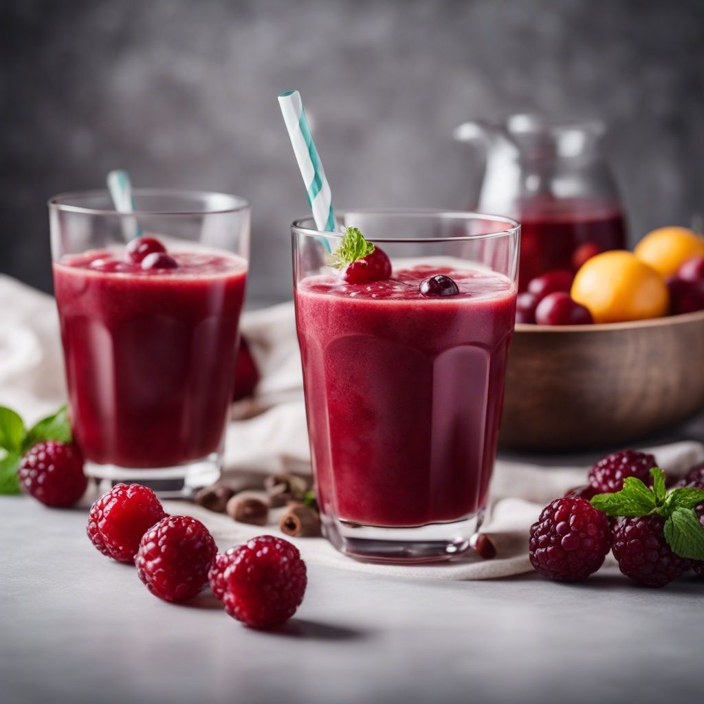 A rich red sangria smoothie in a clear glass with a blue striped straw, garnished with raspberries and mint, with a bowl of berries and pitcher of sangria in the background.