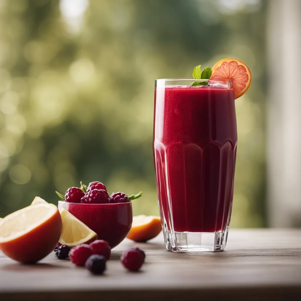 A vibrant red sangria smoothie served in a tall glass garnished with a slice of lime and mint, surrounded by fresh berries, with a natural backdrop adding to its freshness.