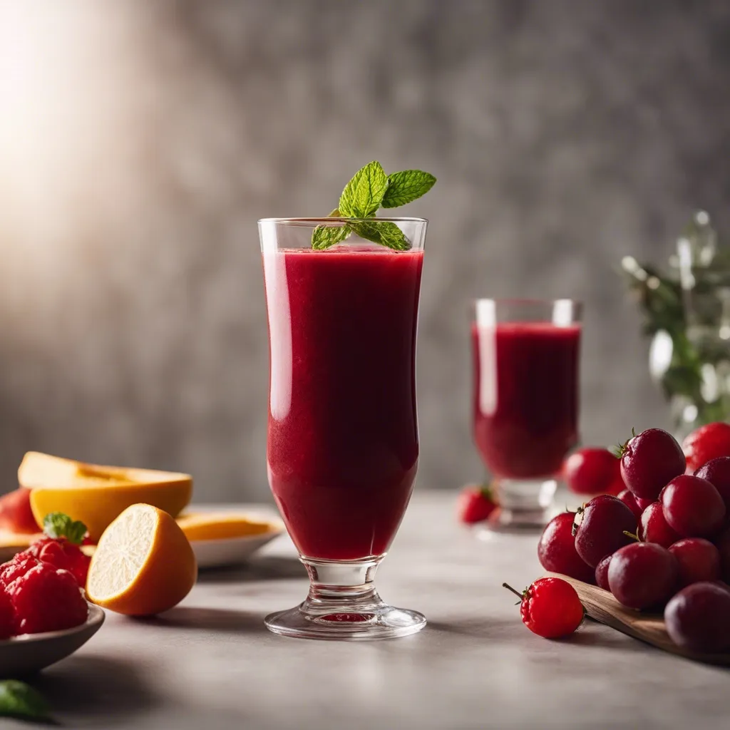 An inviting red sangria smoothie in a stemmed glass, topped with mint, set against a background of fresh fruit and a second glass of smoothie, suggesting a refreshing beverage option.