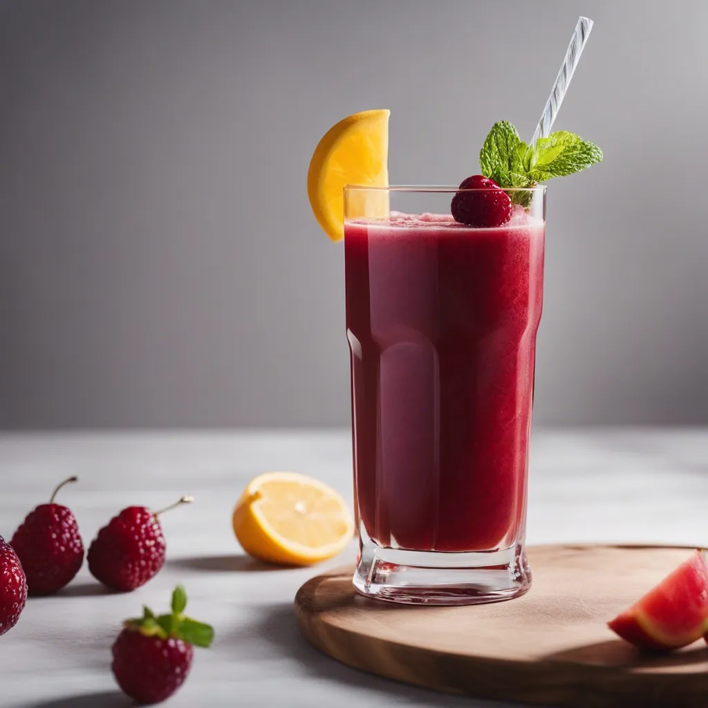 A refreshing red sangria smoothie in a clear glass, adorned with a lemon wedge and mint leaf, with a backdrop of strawberries and a wooden serving board, offering a healthy take on the classic sangria.