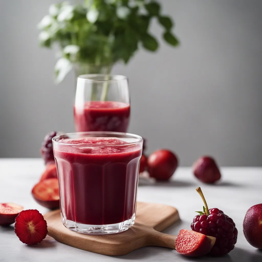 A delicious red sangria smoothie in a glass, ready to be enjoyed, with vibrant red berries and fruit pieces around it, capturing the essence of a fruit-filled sangria in a non-alcoholic smoothie form.