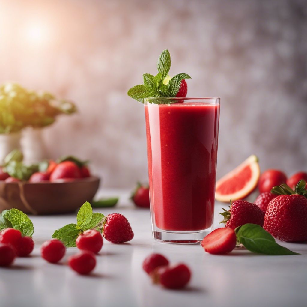 A tall glass of vibrant red smoothie garnished with fresh mint, surrounded by strawberries, raspberries, and a slice of grapefruit