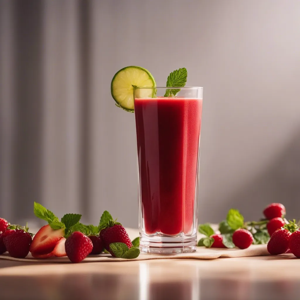 Red smoothie in a tall glass, garnished with a lime slice and mint, with strawberries and raspberries scattered on the table