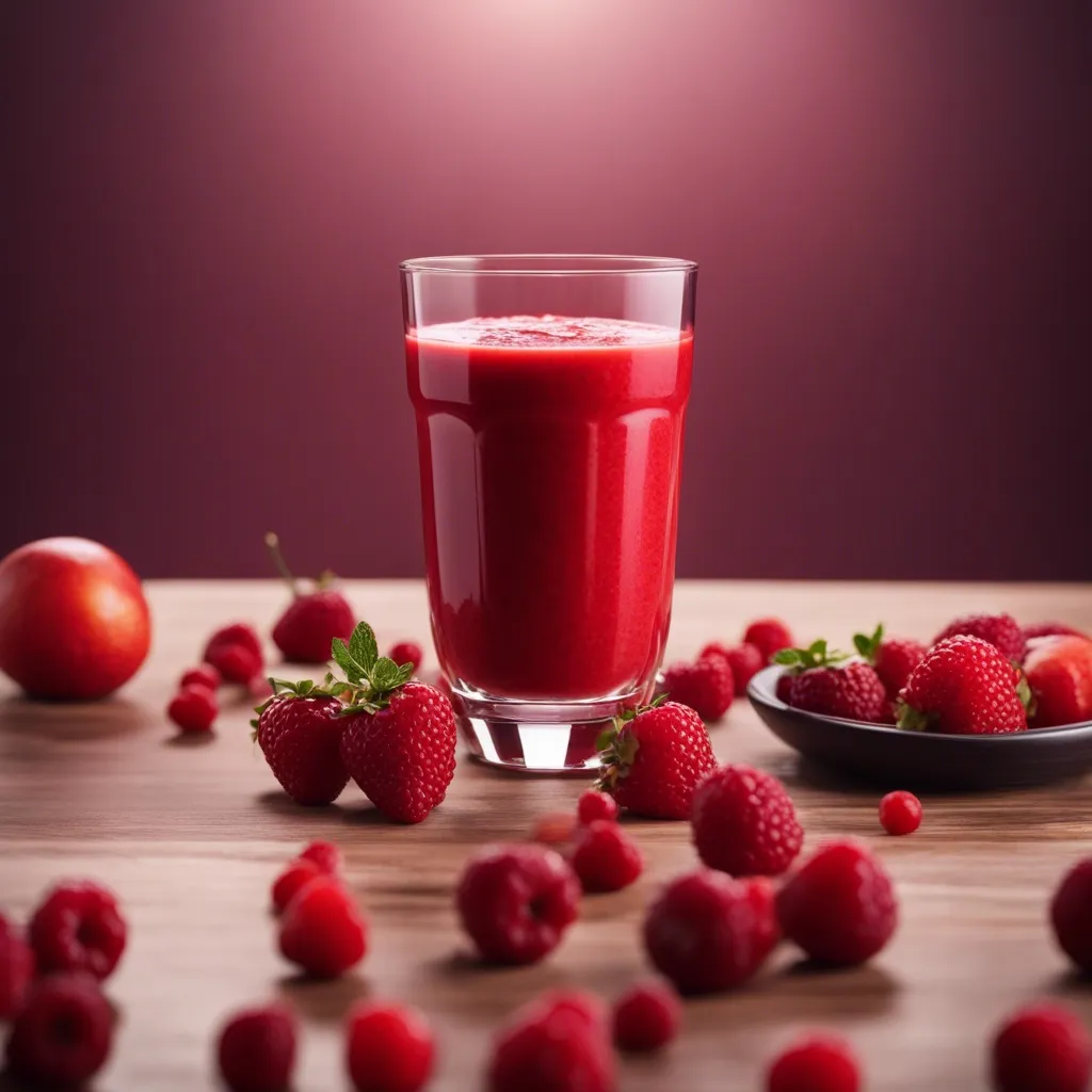 Rich red smoothie served in a clear glass, with strawberries, raspberries, and a nectarine on a wooden table