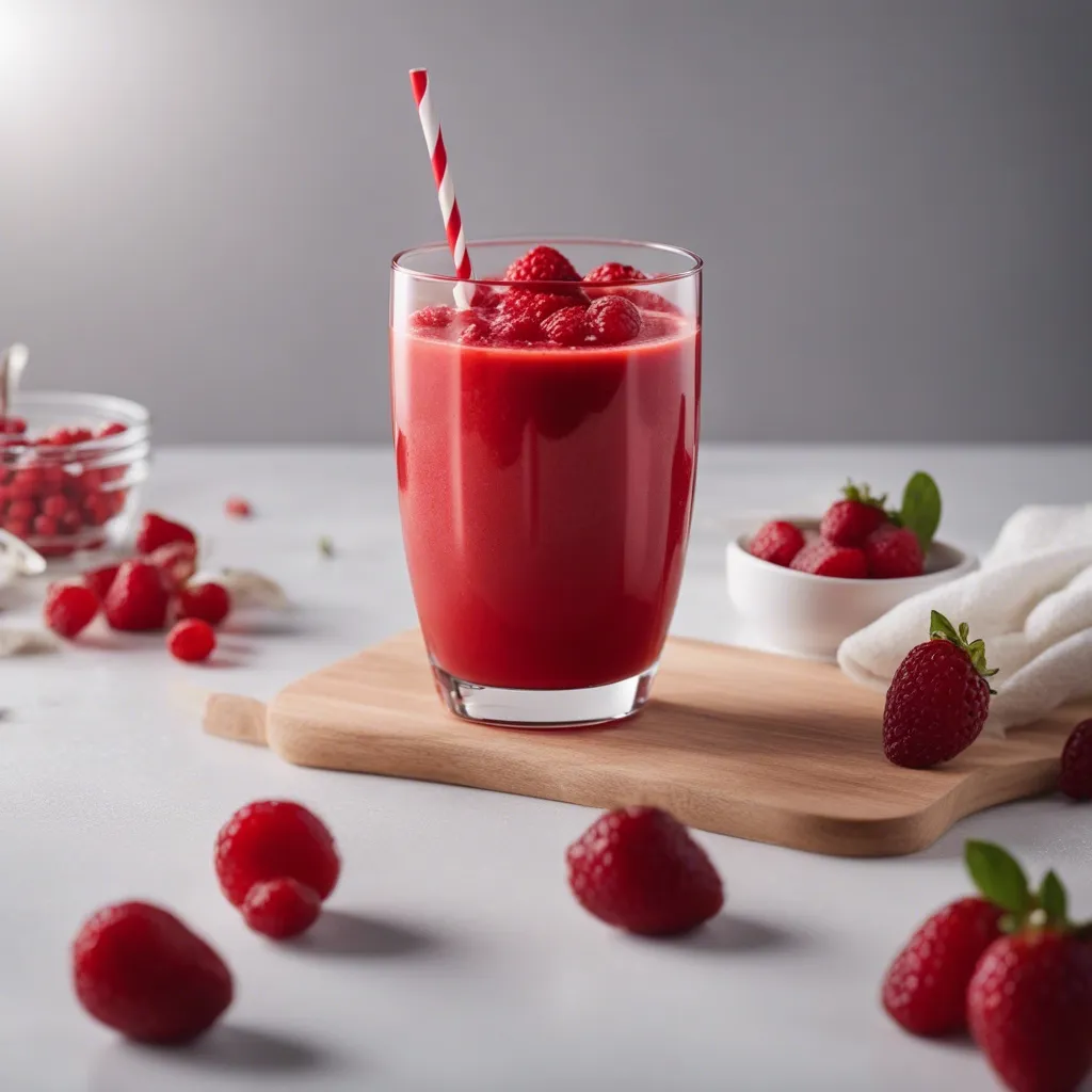 A glass of red smoothie topped with whole raspberries and a striped straw, with strawberries and raspberries on a wooden board