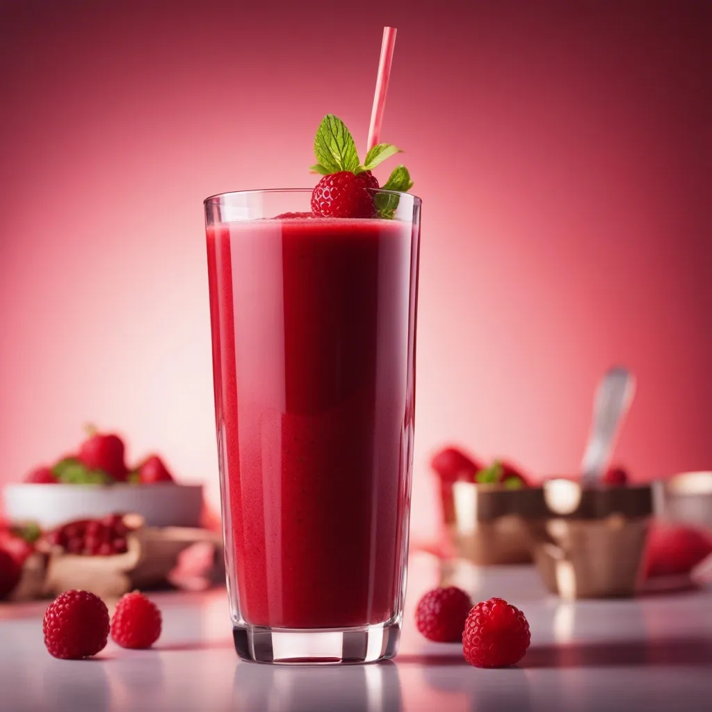 A red smoothie in a tall glass with a straw, accented by soft lighting and raspberries, strawberries in the background