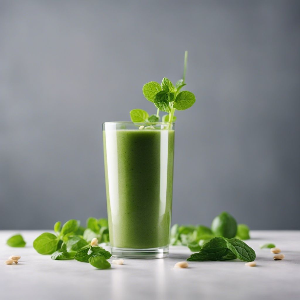 Nutrient-packed salad smoothie in a tall glass with fresh green sprouts on top, surrounded by various leafy greens and nuts on a white surface.