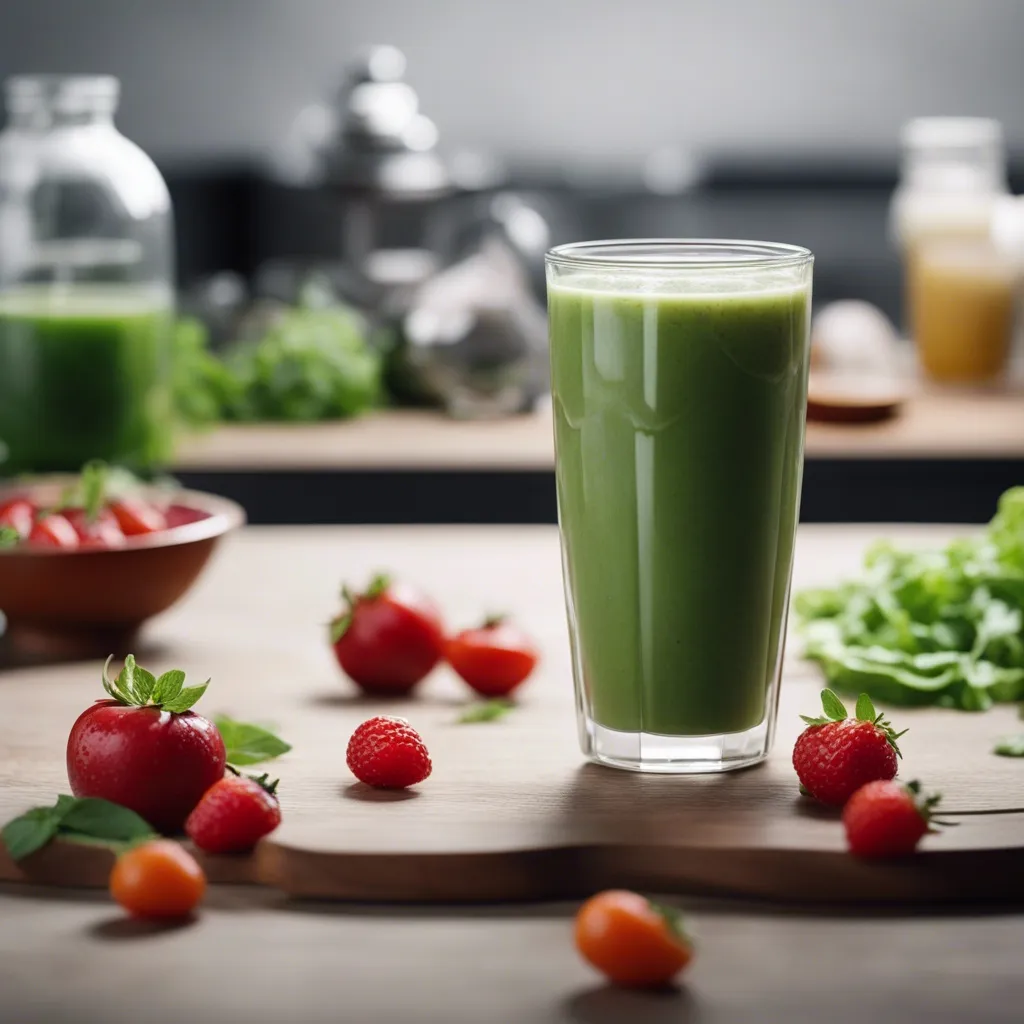 Vibrant green salad smoothie in a clear glass on a wooden countertop, complemented by fresh strawberries and tomatoes, with a kitchen background.