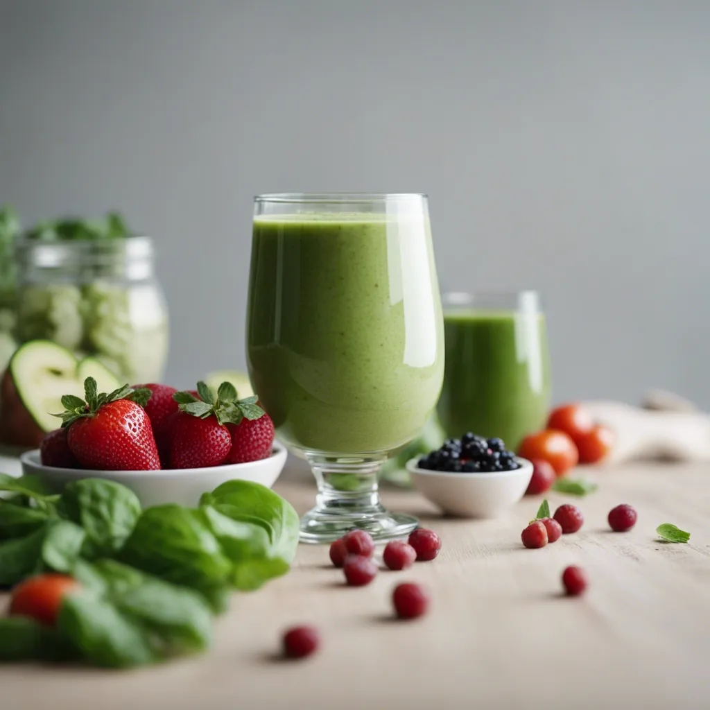 Green salad smoothie in a stem glass, with a selection of strawberries, blueberries, spinach, and other fruits on a wooden table.