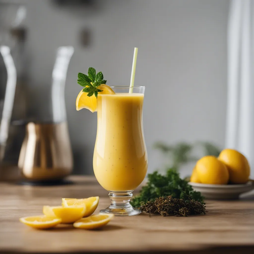 A tall glass of sea moss smoothie with a straw and mint as garnish