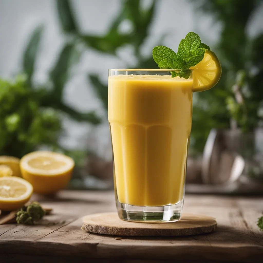 A glass of sea moss smoothie on a wooden table with mint as garnish