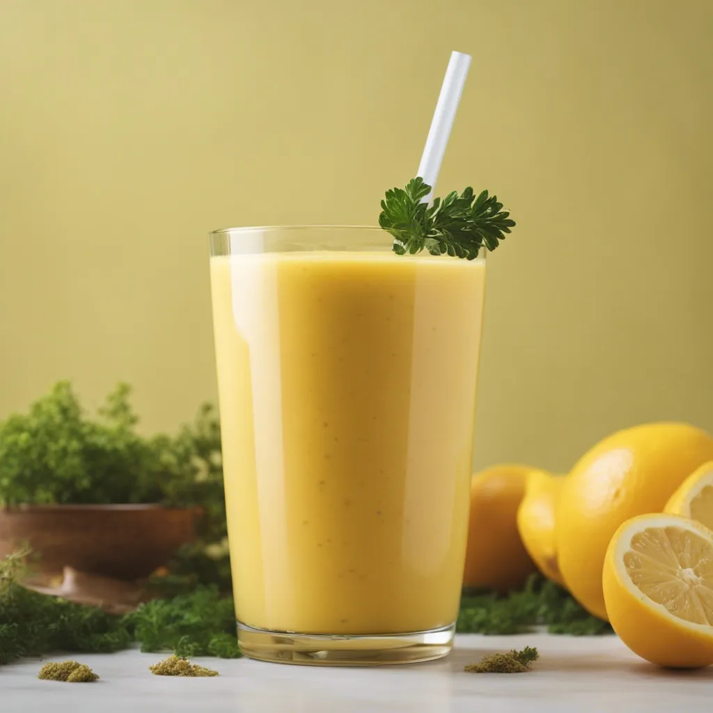 A small glass of a sea moss smoothie with a clear straw and mint as garnish