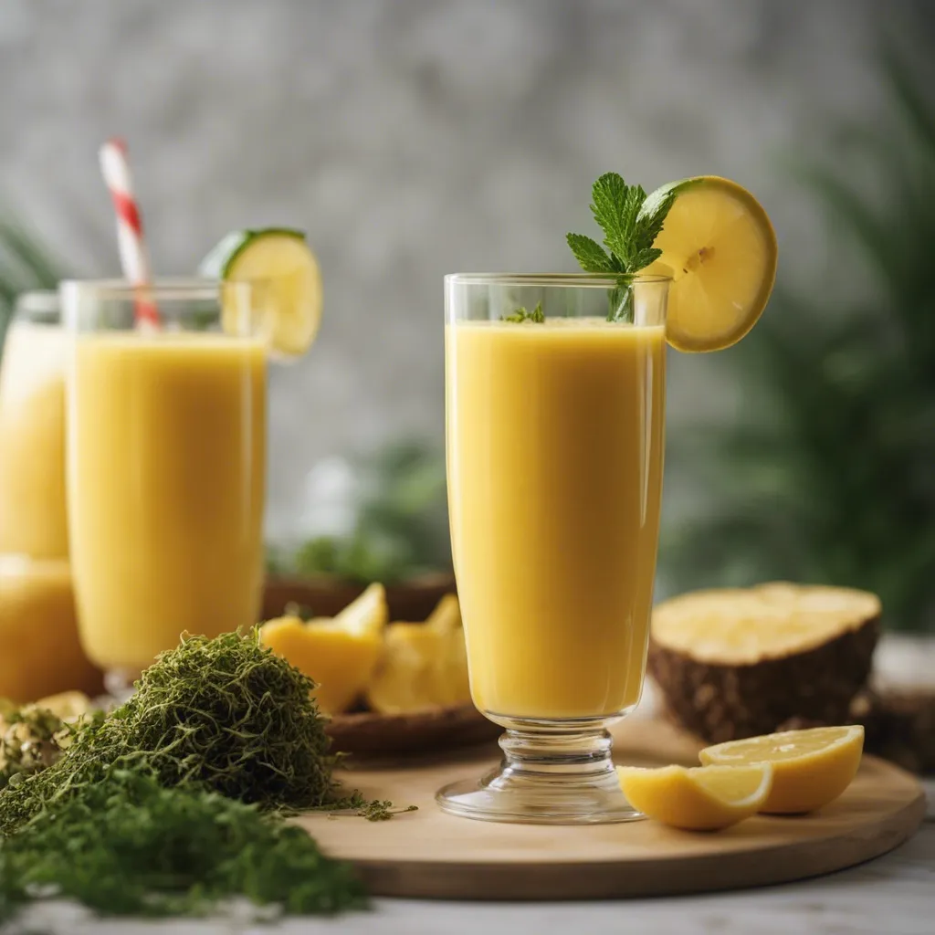 A fancy glass of sea moss smoothie on a wooden choppiong board with an additional glass of sea moss smoothie in the background