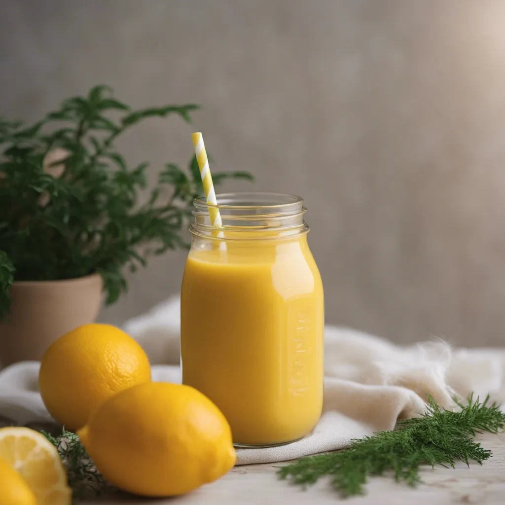 A jar styled glass of a sea moss smoothie with a yellow and white striped straw