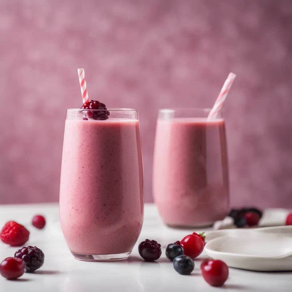 Two glasses of a vibrant smoothie with cranberry juice, garnished with fresh cranberries and assorted berries