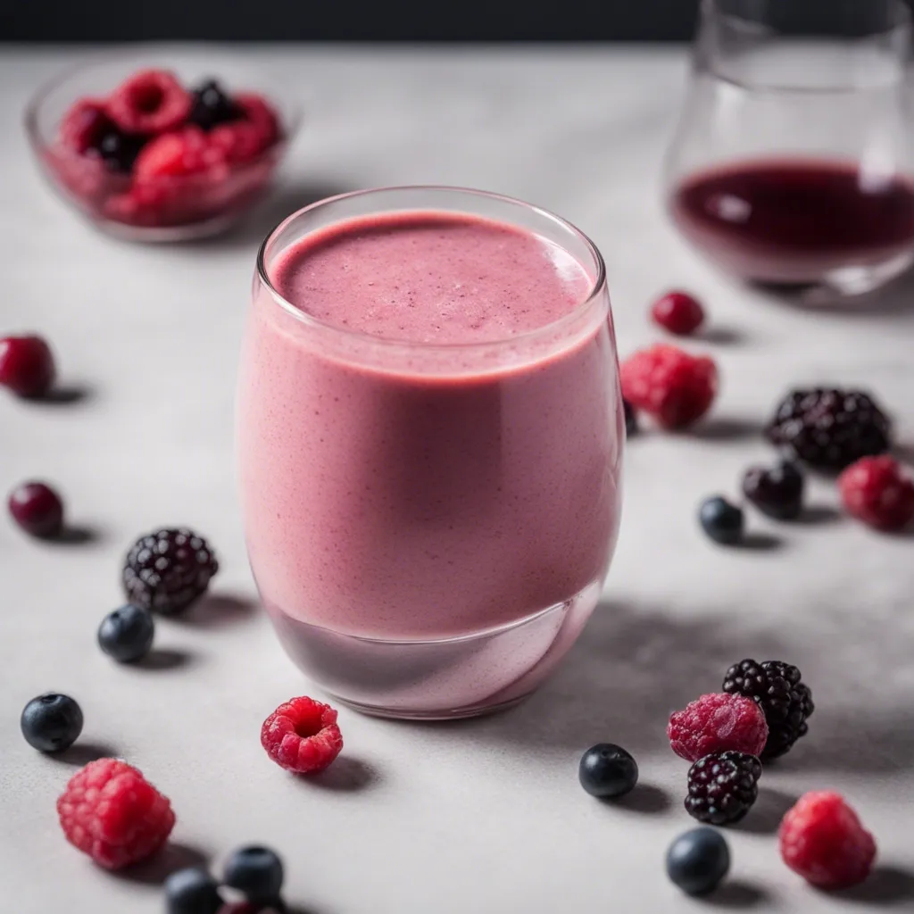 Cranberry juice smoothie with an assortment of berries scattered around including cranberries. 