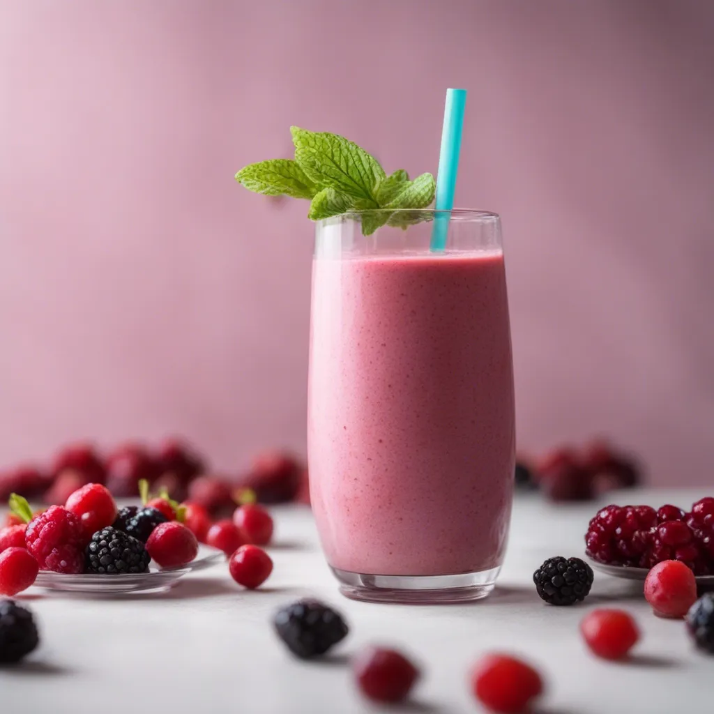 A prepared cranberry juice smoothie in glass with a straw, ready to be served