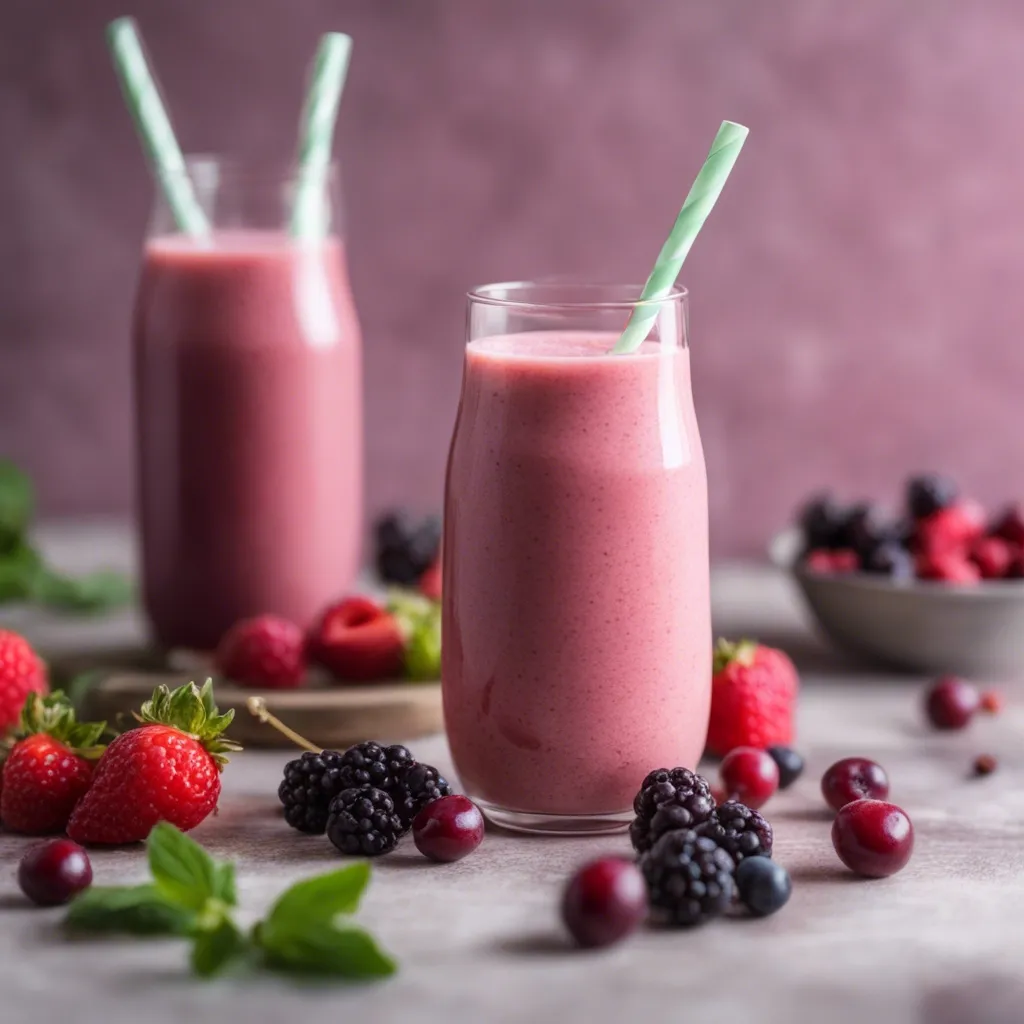 Two glasses of cranberry juice smoothie, with a straw. Around the table is an assortment of berries and fruits.