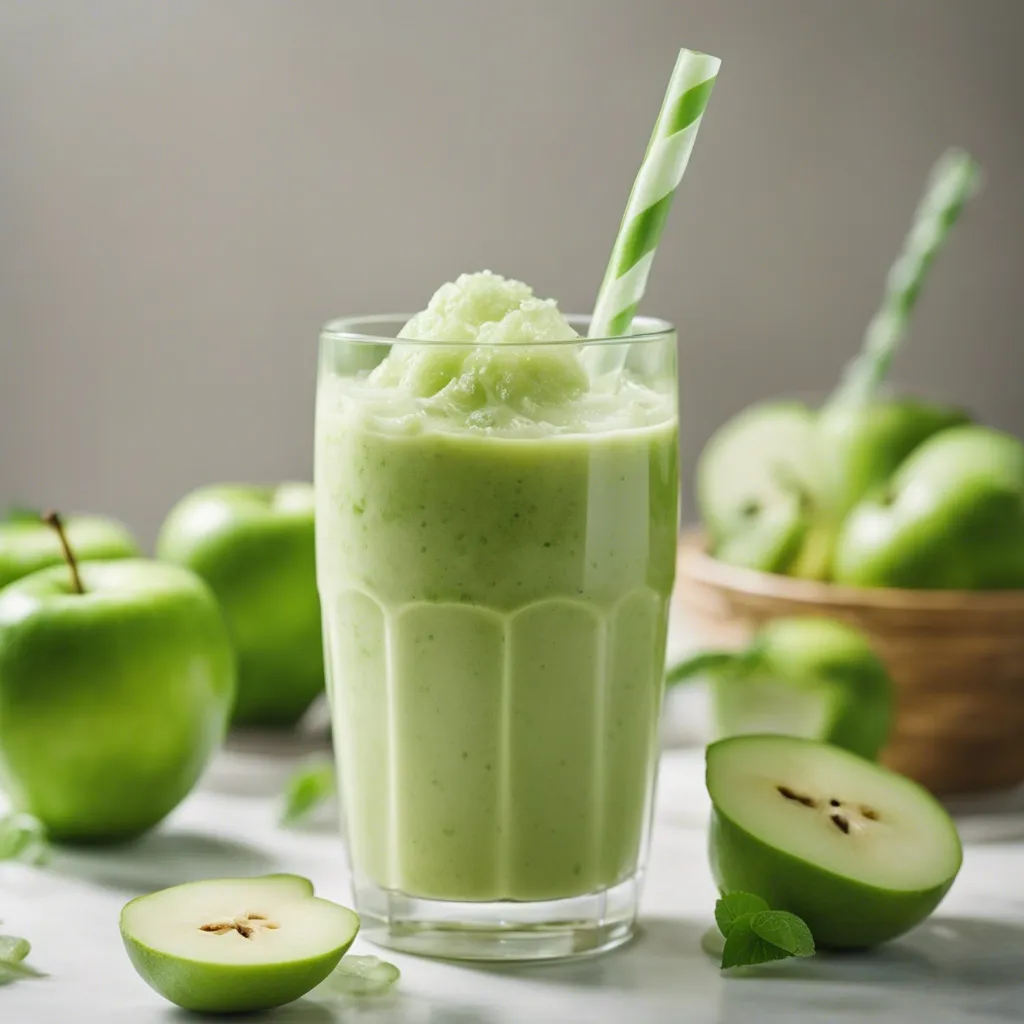 A sour apple smoothie topped with ice surrounded by Granny Smith green apples and mint scattered in the background.