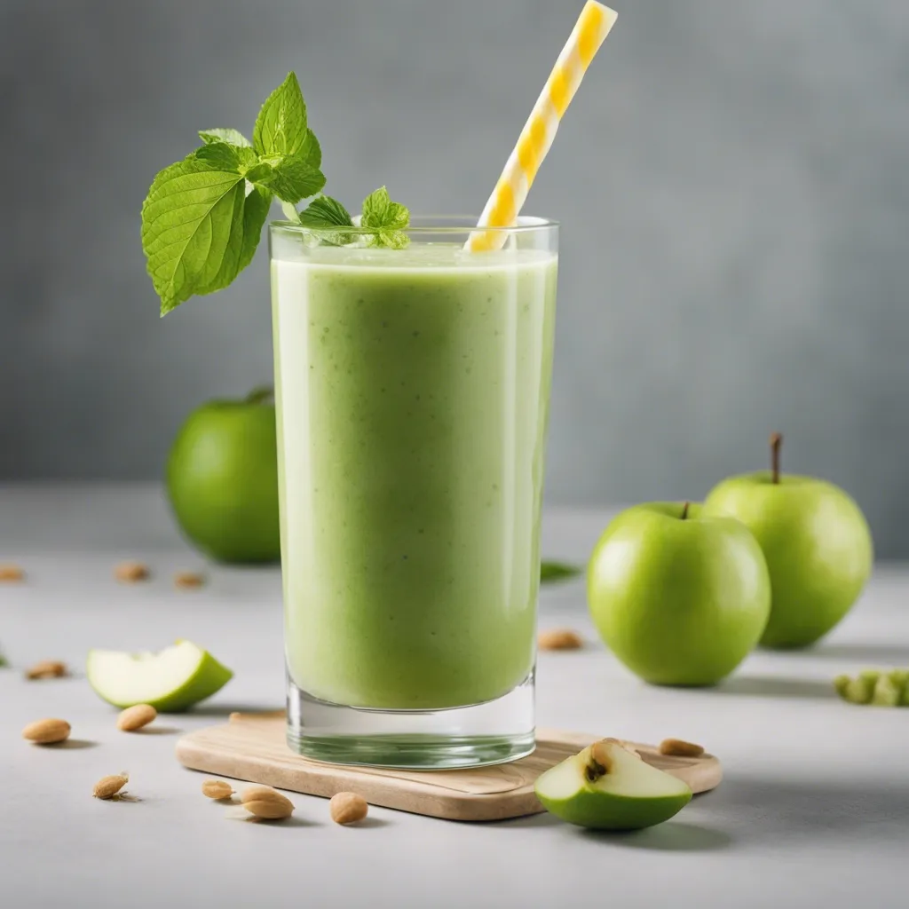A sour apple smoothie garnished with a slice of apple with mint scattered in the forground.