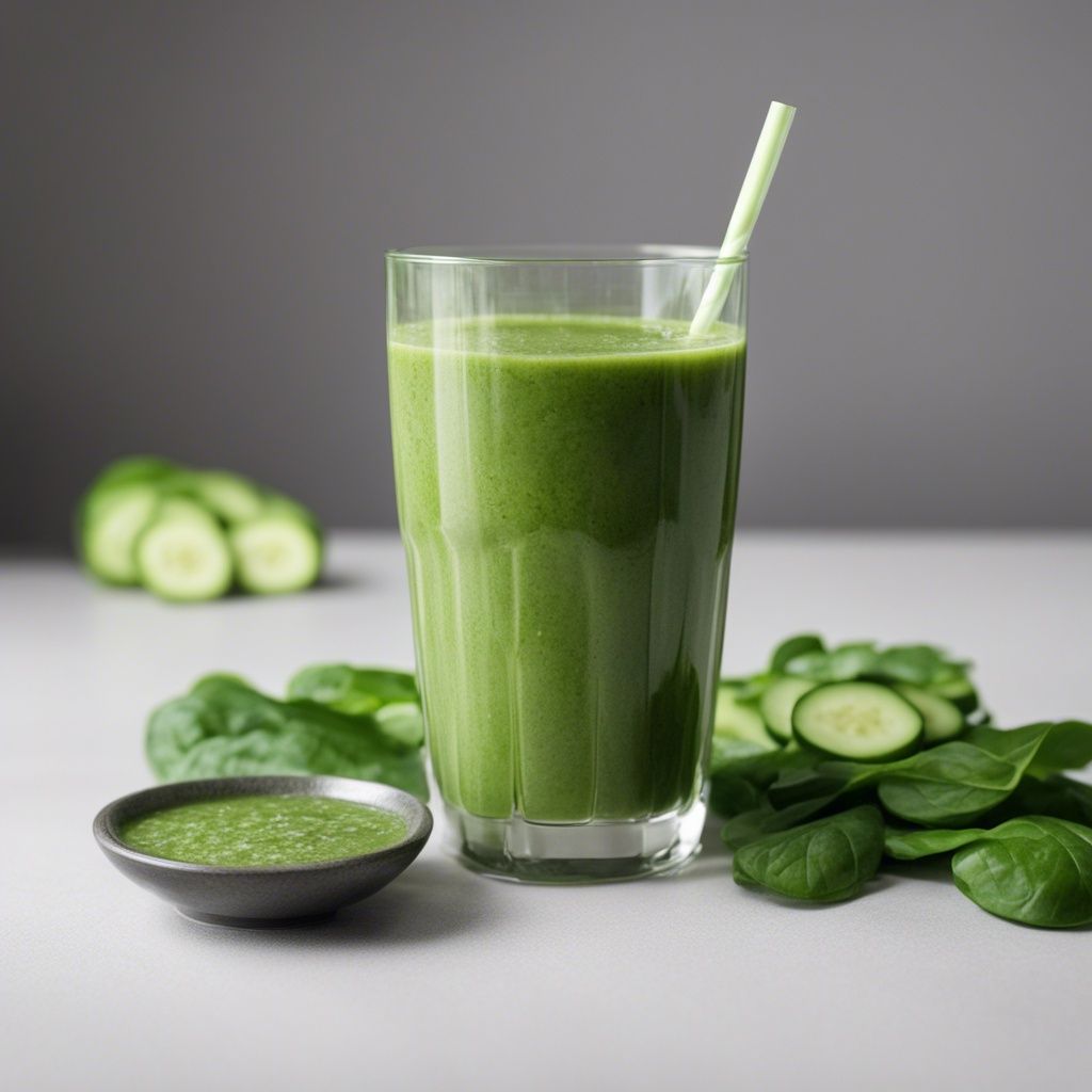 A tall glass of spinach cucumber smoothie with a straw, surrounded by slices of cucumber and fresh spinach leaves, with a bowl of green sauce on a light surface