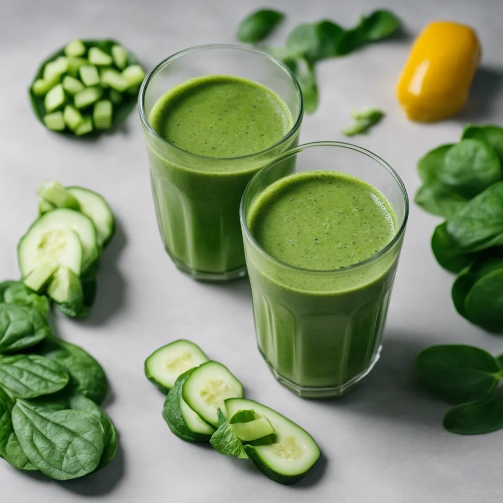 Two glasses of spinach cucumber smoothie on a light surface with chopped cucumber, fresh spinach leaves, and a yellow bell pepper in the background