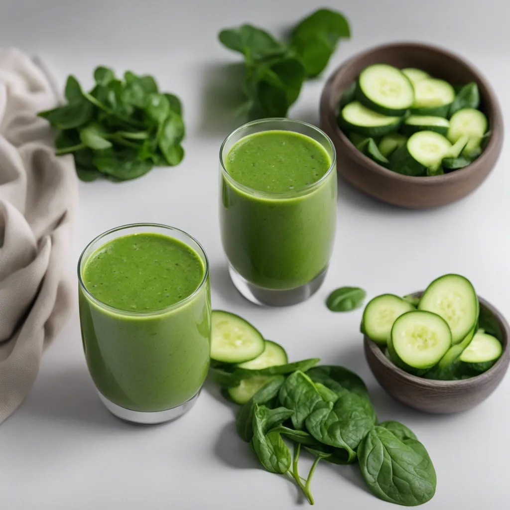 Two glasses of spinach cucumber smoothie with a bowl of cucumber slices and fresh spinach leaves on a white surface with a beige cloth in the background