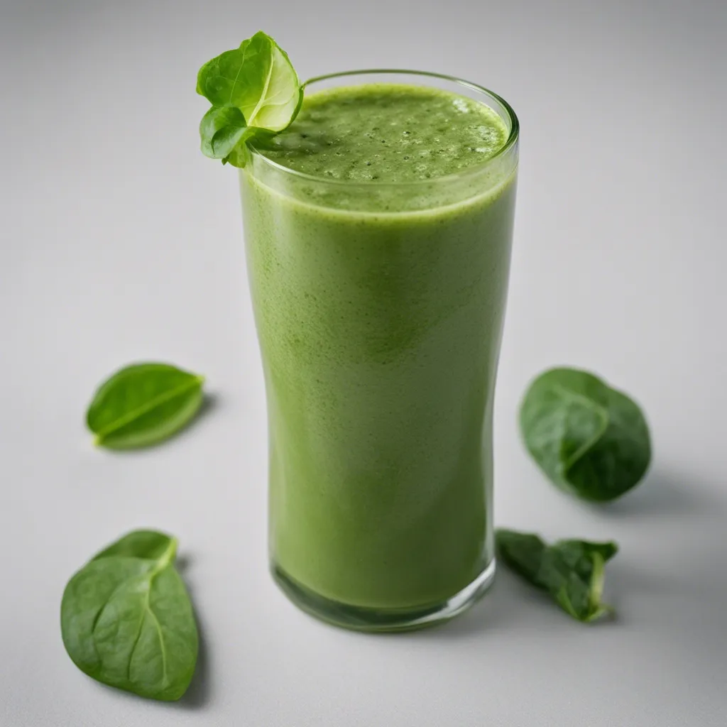 A glass of spinach cucumber smoothie garnished with a spinach leaf on top, surrounded by fresh spinach leaves on a light grey background