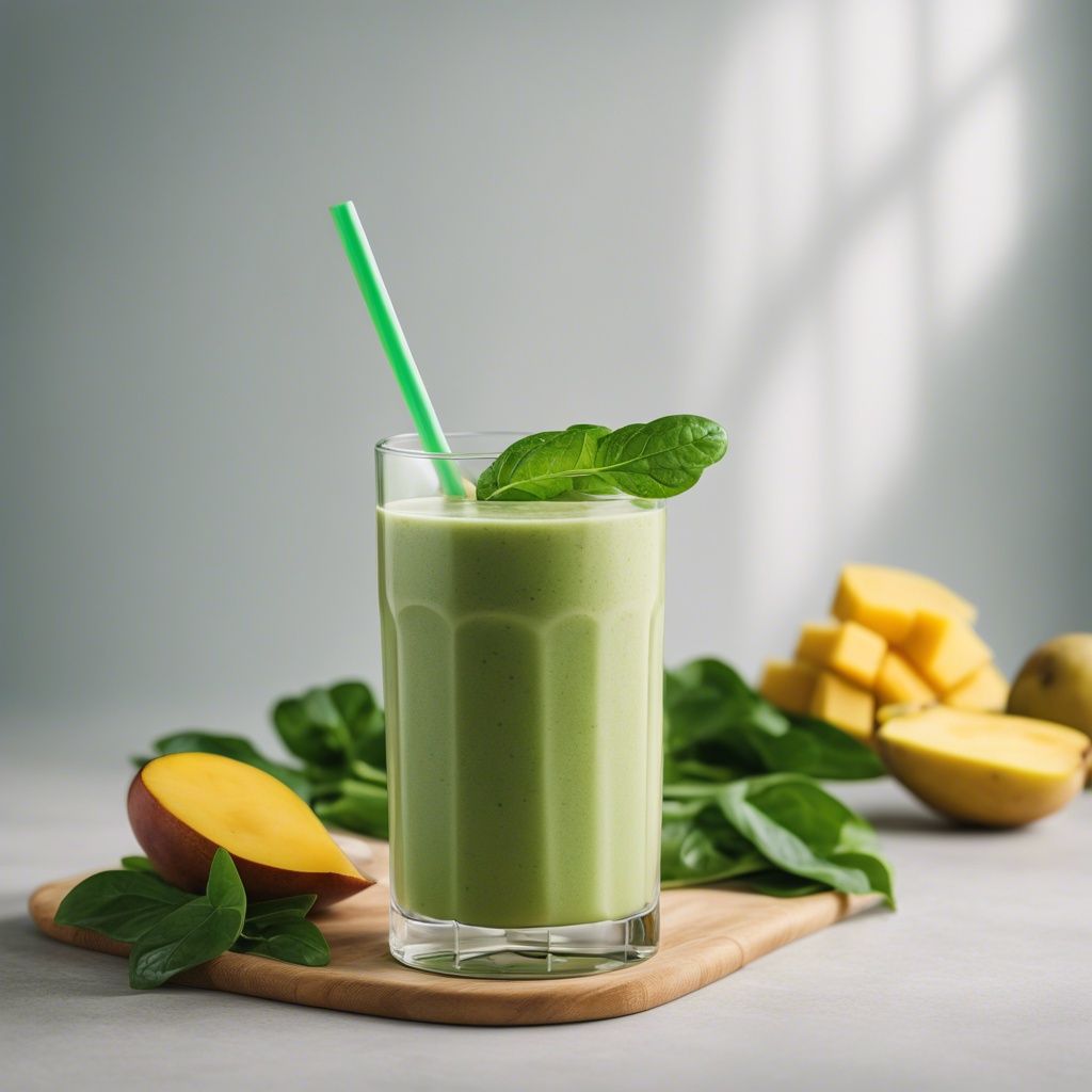 Spinach Mango Banana Smoothie in a glass on a wooden board, with a green straw, spinach leaves, and mango cubes