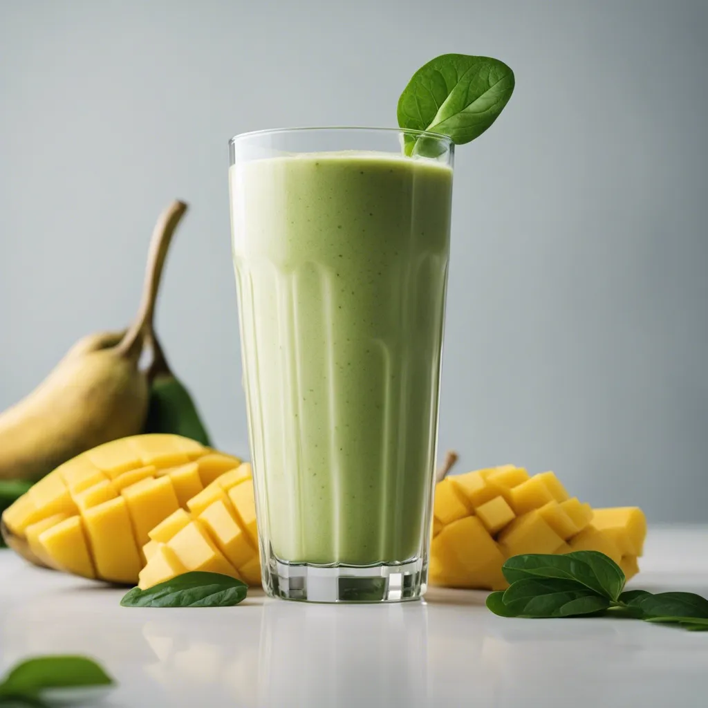 Spinach Mango Banana Smoothie in a tall glass, surrounded by spinach leaves, mango slices, and a banana