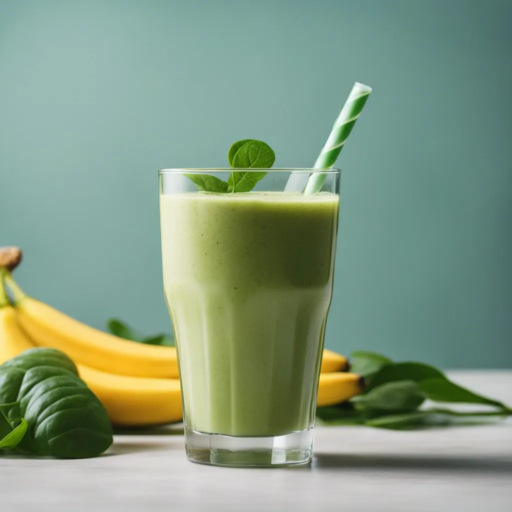 Spinach Mango Banana Smoothie in a tall glass with a striped straw, accompanied by spinach leaves and bananas