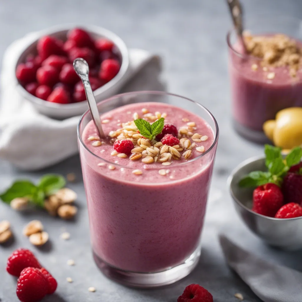 A beautiful steel cut oats smoothie garnished with raspberry and oats.