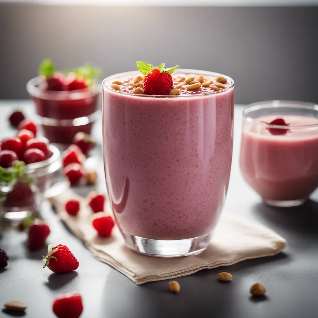 A smooth and creamy steel cut oats smoothie topped with oats and an assortment of fresh berries in the background.