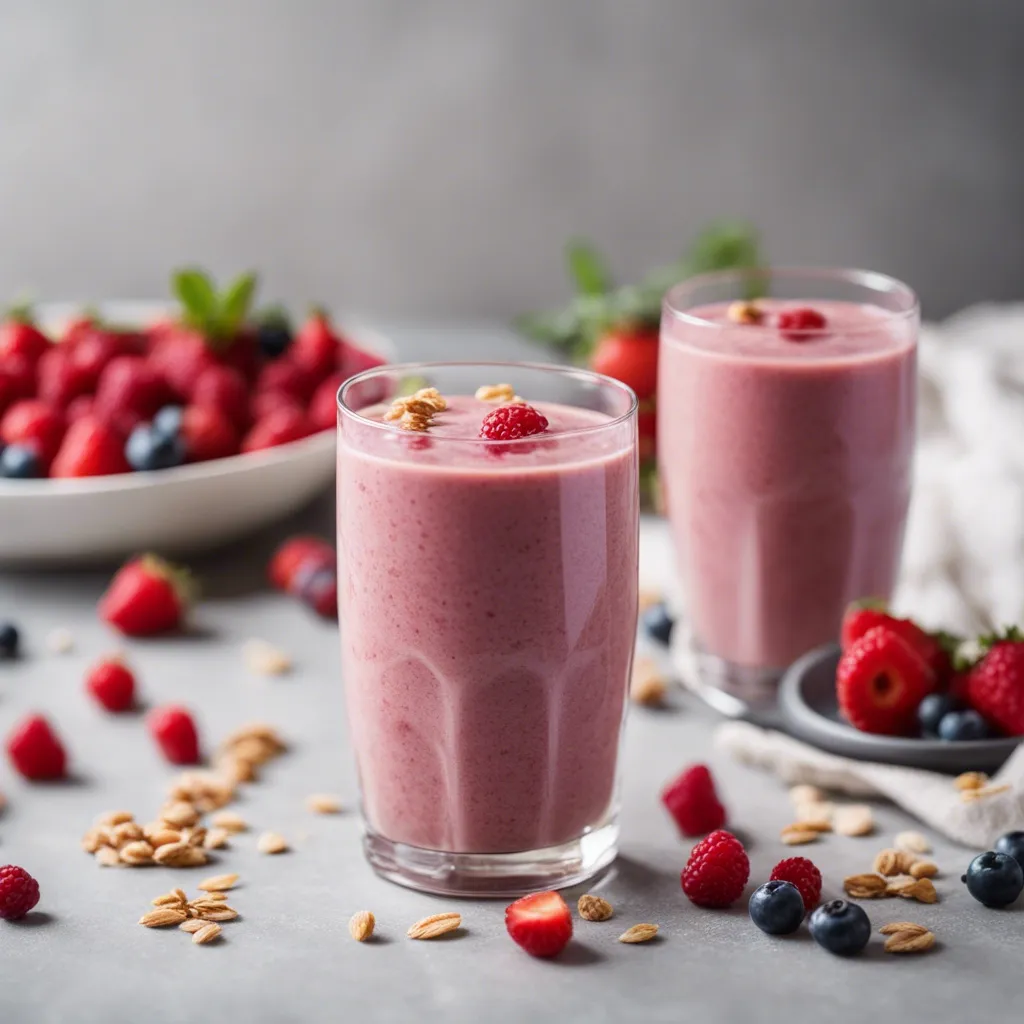 Two glasses of steel cut oats smoothie ready to be served, garnsihed with berries and oats in the foreground with an assortment of berries in the background.