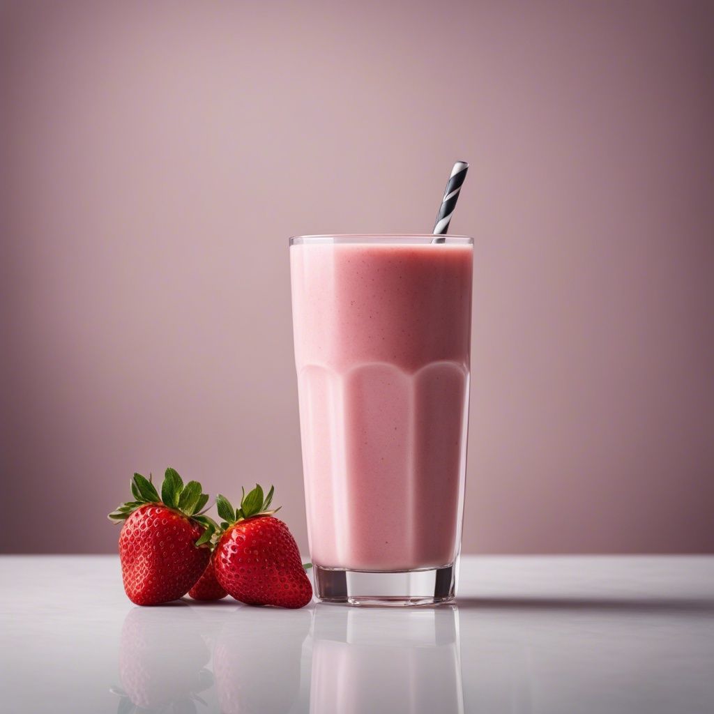 A creamy strawberry almond milk smoothie in a tall glass with a striped straw, garnished with fresh strawberries on the side on a reflective white surface with a pale pink background.