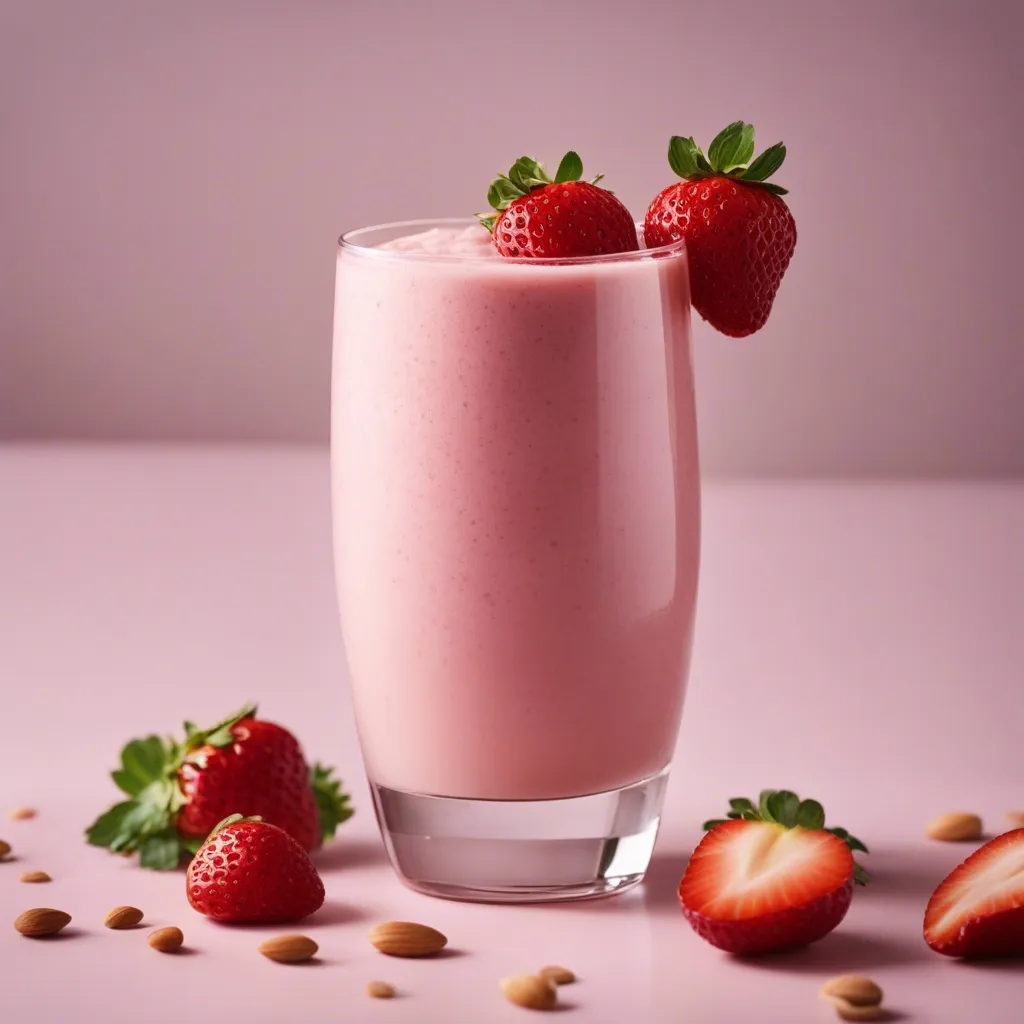 A thick strawberry almond milk smoothie topped with a dollop of whipped cream and strawberries, surrounded by scattered almonds and sliced strawberries on a pale pink surface.