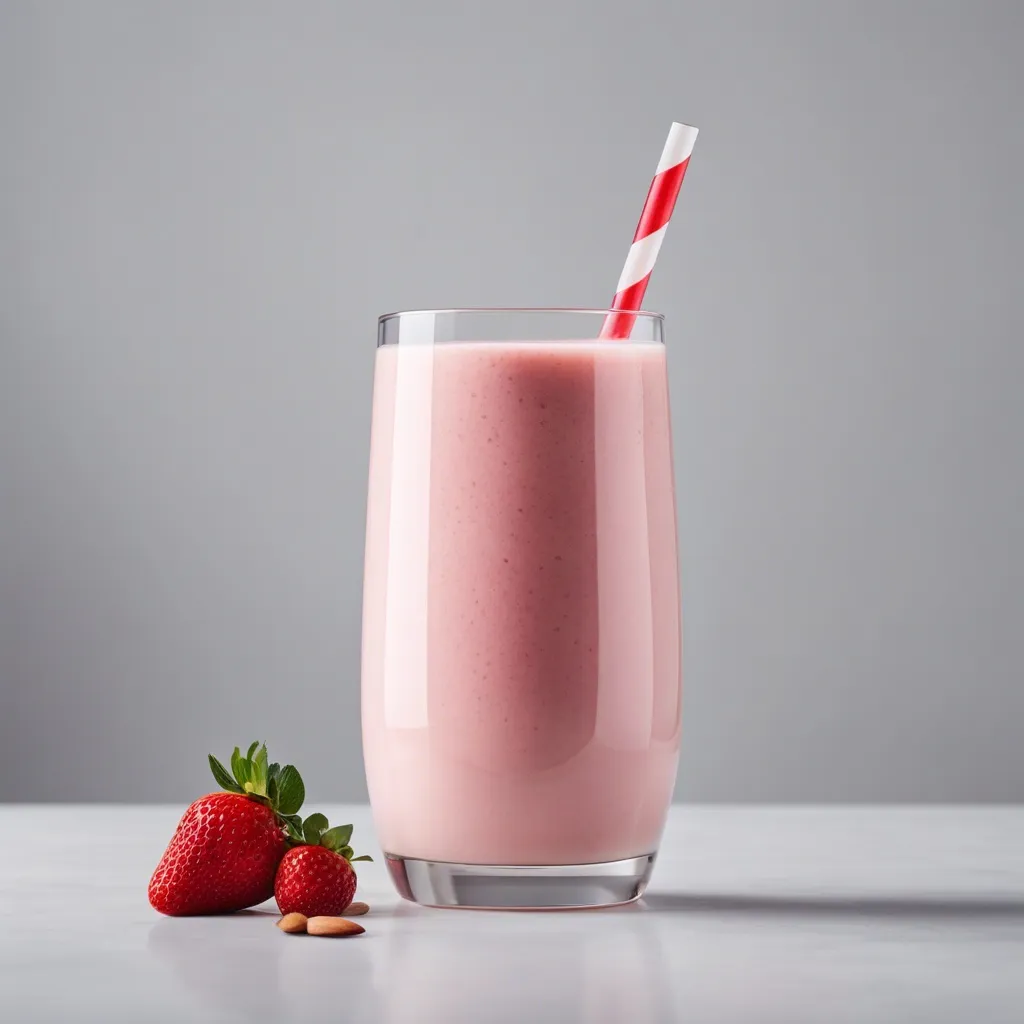 A refreshing strawberry almond milk smoothie in a clear glass with a red and white striped straw, accompanied by strawberries and almonds on a grey background.