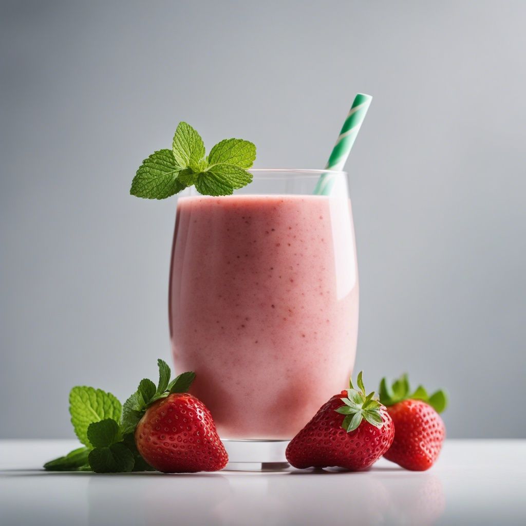 A glass of Strawberry Apple Smoothie with a green and white straw and garnished with mint. There are three fresh strawberries in front of the smoothie.