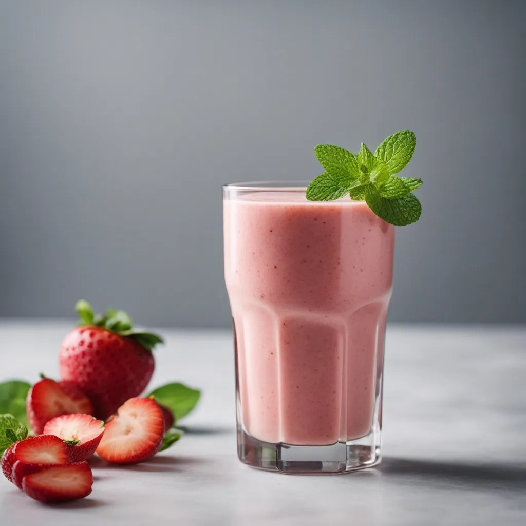 A glass of Strawberry Apple Smoothie garnished with mint with sliced strawberries to the side of the smoothie.